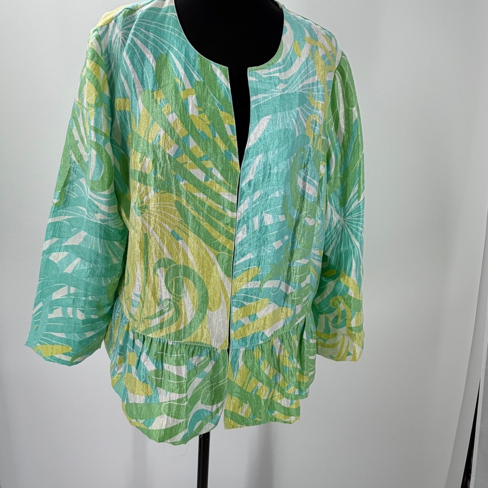 Ruby Rd tropical peplum Jacket Open Front Green Aqua Ruffle Hem Lightweight 16
